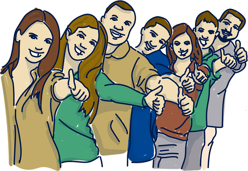 Seven cartoon buyer persons standing in a line with their left-hand thumbs up