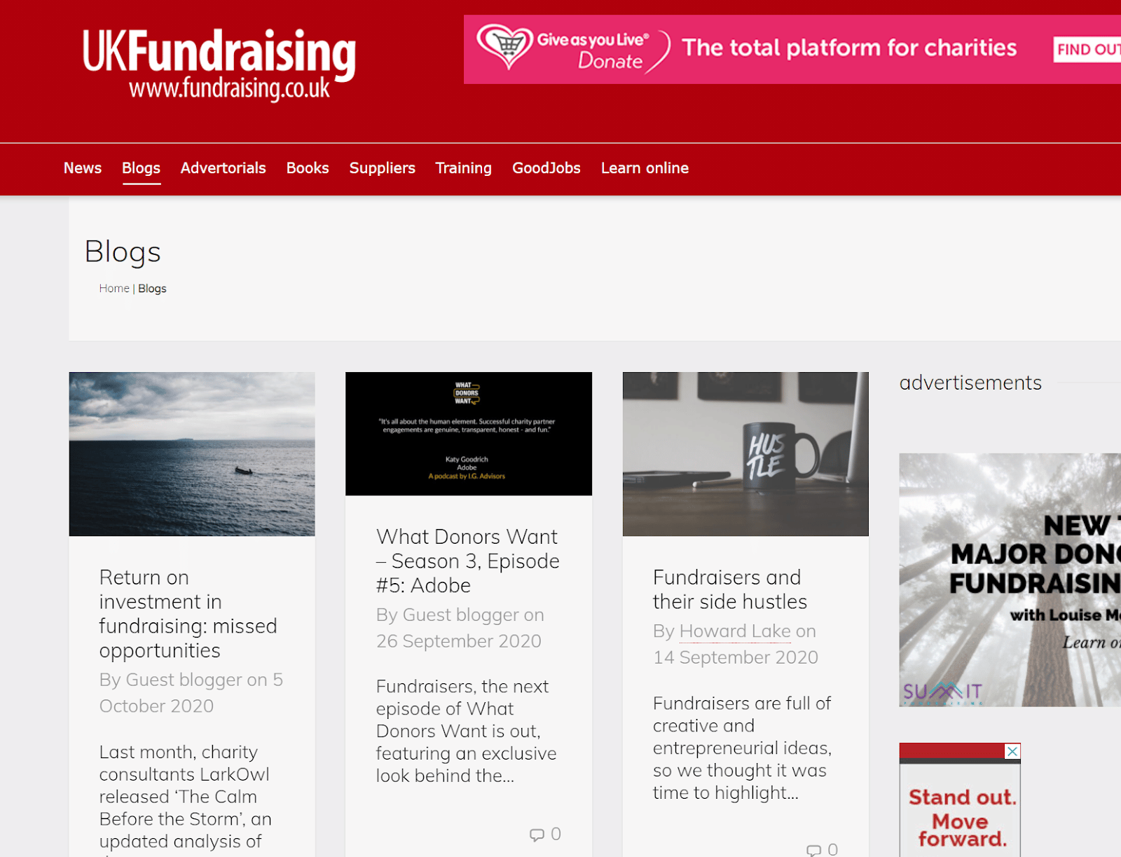 Screenshot of UK Fundraising charity blog homepage.