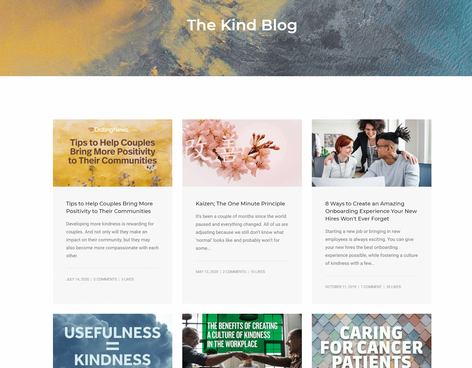 Screenshot of The Kind Blog charity blog homepage.