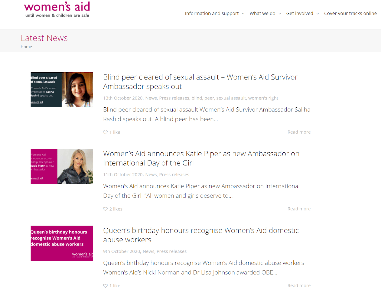 Screenshot of Women’s Aid charity blog.